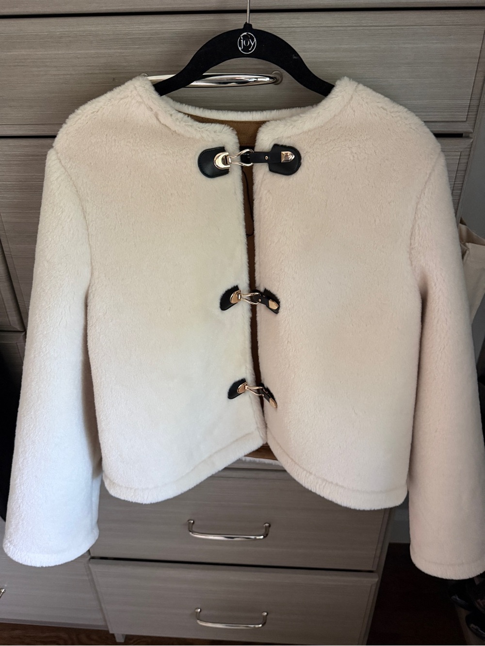 Zara Cream and Brown Faux Shearling Toggle Coat
